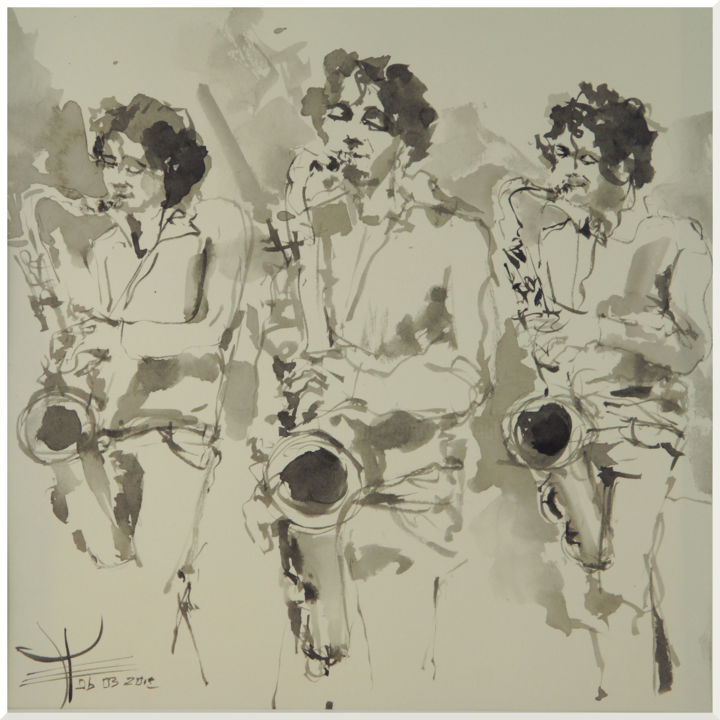 Peinture intitulée "saxophoniste" par Émile Thibaut, Œuvre d'art originale, Encre