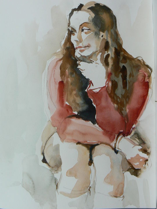 Painting titled "Jeune femme assise" by Émile Thibaut, Original Artwork, Watercolor