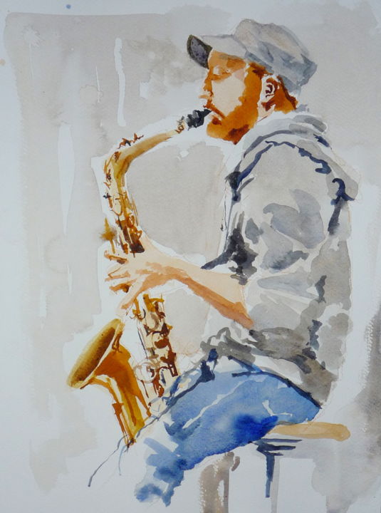 Schilderij getiteld "Saxophoniste à la c…" door Émile Thibaut, Origineel Kunstwerk, Aquarel