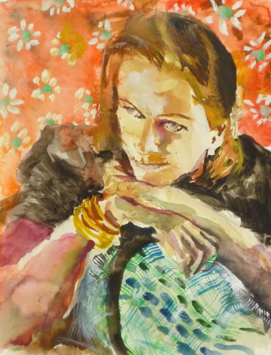 Painting titled "Femme accoudée sur…" by Émile Thibaut, Original Artwork, Gouache