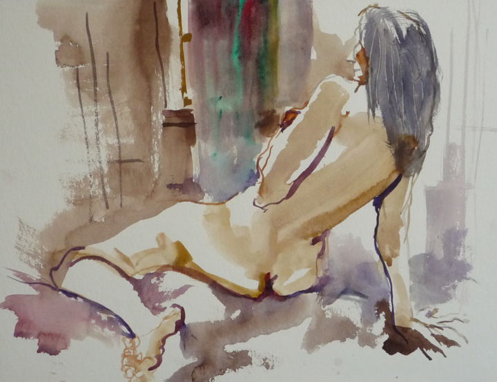 Pintura intitulada "nu à contre-jour" por Émile Thibaut, Obras de arte originais, Aquarela