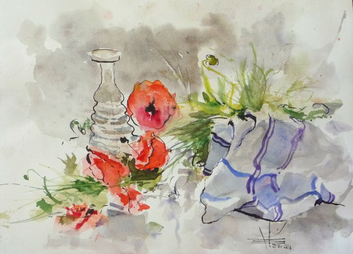 Painting titled "coquelicots, vase e…" by Émile Thibaut, Original Artwork, Watercolor
