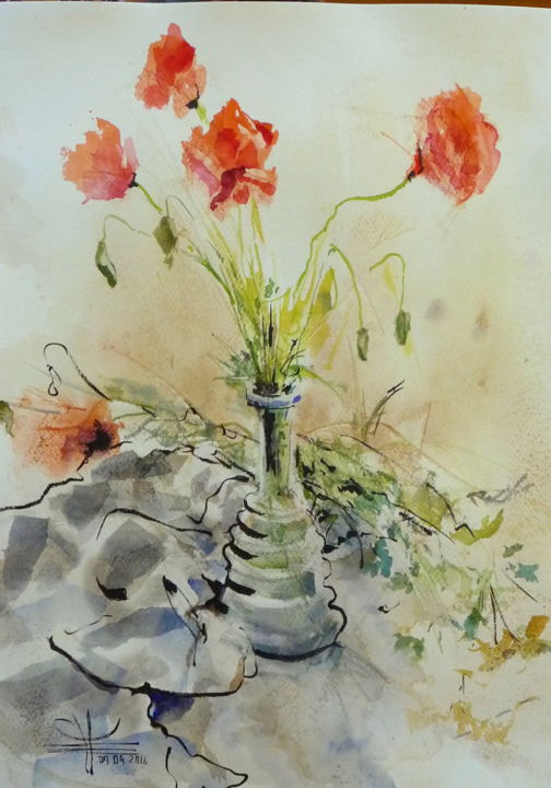 Schilderij getiteld "coquelicots dans un…" door Émile Thibaut, Origineel Kunstwerk, Aquarel