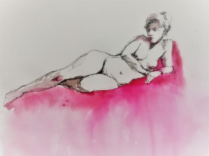 Drawing titled "pink girl" by Juliettanaked, Original Artwork, Watercolor