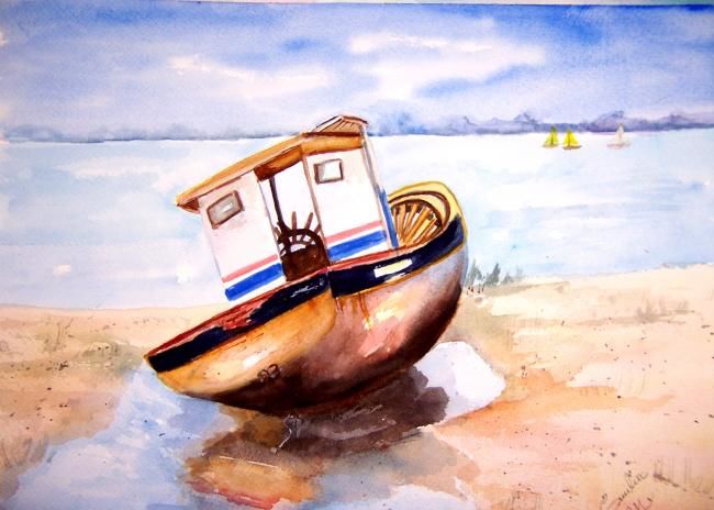 Painting titled "Fishing boat" by Emilia, Original Artwork, Oil