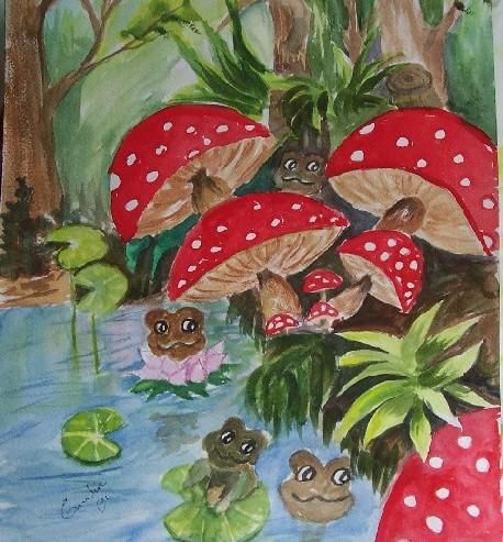 Pittura intitolato "Mushrooms and Frogs" da Emilia, Opera d'arte originale
