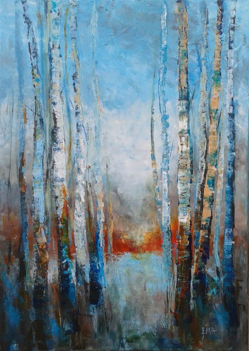 TREES STORIES - Pintura,  70x50x1 cm ©2017 por Emilia Milcheva -  
                                                    
    Impressionismo, Tela, Paisagem, TREES, birches, woods, forest, foret, arbre, paysage, landscape, autumn, winter, white, blue, turquoise, blanc
