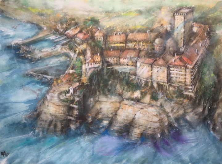 Pintura intitulada "Mont Athos" por Emilian Alexianu, Obras de arte originais, Aquarela