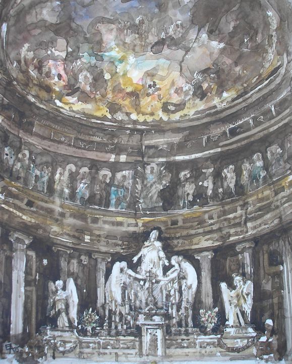 Картина под названием "La maison de Dieu" - Emilian Alexianu, Подлинное произведение искусства, Акварель