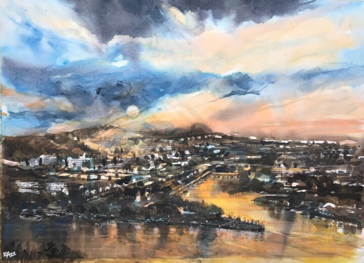 Peinture intitulée "Un soir à Coblence" par Emilian Alexianu, Œuvre d'art originale, Aquarelle