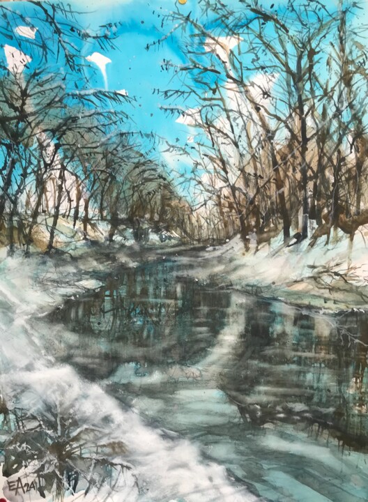 Painting titled "La rivière gelée" by Emilian Alexianu, Original Artwork, Watercolor