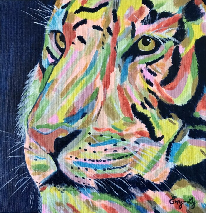 Painting titled "Tigre Pop" by Emilie Neuillie (Emy-Ly-Art), Original Artwork, Oil Mounted on Wood Stretcher frame