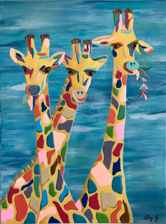 Peinture intitulée "Trois girafes arc-e…" par Emilie Neuillie (Emy-Ly-Art), Œuvre d'art originale, Acrylique Monté sur Châss…