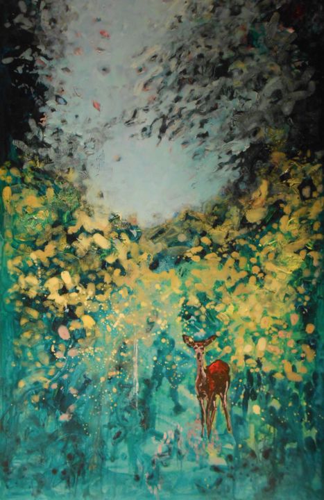 Painting titled "Biche au printemps 1" by Lorenz, Original Artwork, Acrylic Mounted on Wood Stretcher frame