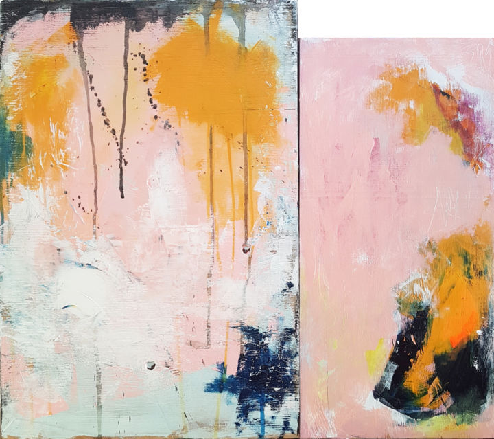 Painting titled "Diptyque pink mood" by Emily Starck, Original Artwork, Acrylic Mounted on Wood Panel