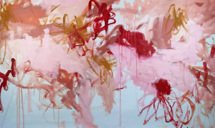 Painting titled "Red and pink" by Emily Starck, Original Artwork, Acrylic Mounted on Wood Stretcher frame