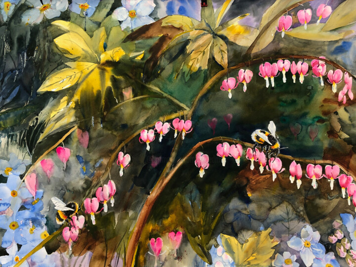 Painting titled "Bleeding Hearts and…" by Emily Stedman, Original Artwork, Watercolor
