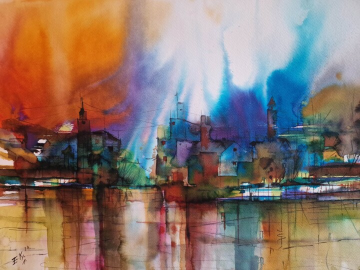 Painting titled "A City by the Sea" by Emir Kerenovic, Original Artwork, Watercolor