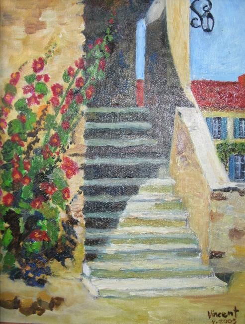 Peinture intitulée "L'escalier aux rose…" par Vincent Bordelet, Œuvre d'art originale