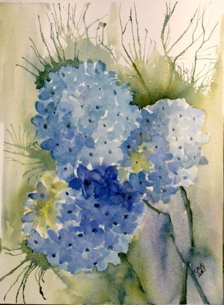 Peinture intitulée "Les hortensias bleus" par Jocelyne Dumont, Œuvre d'art originale