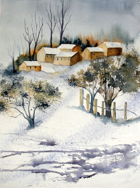 Ζωγραφική με τίτλο "village de montagne" από Jocelyne Dumont, Αυθεντικά έργα τέχνης