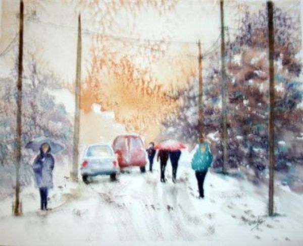 Painting titled "ville-sous-la-neige…" by Jocelyne Dumont, Original Artwork