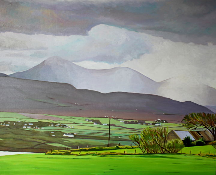 Painting titled "Rain Over Dunfanagh…" by Emma Cownie, Original Artwork, Oil Mounted on Wood Stretcher frame