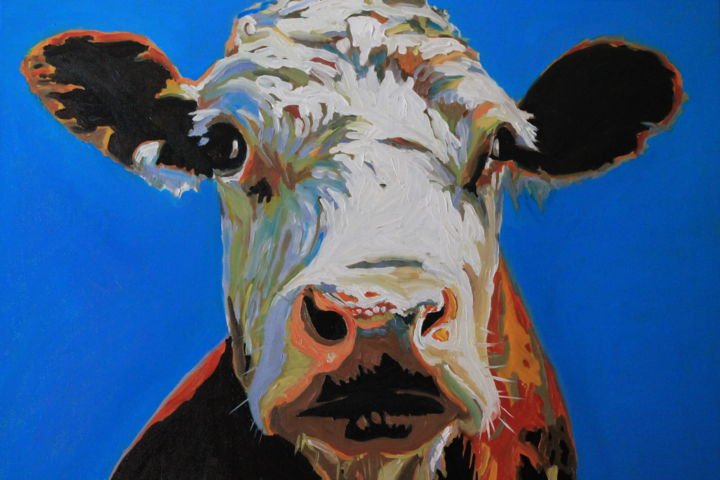 Painting titled "Hereford Cow" by Emma Cownie, Original Artwork, Oil