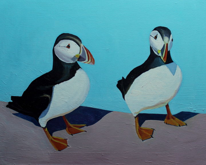 Painting titled "The Two Puffins" by Emma Cownie, Original Artwork, Oil