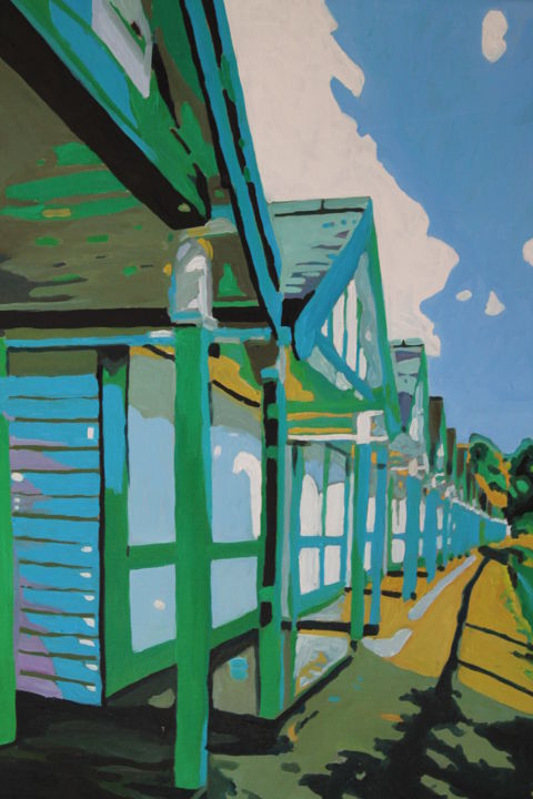 Malerei mit dem Titel "Langland Beach Huts…" von Emma Cownie, Original-Kunstwerk, Öl