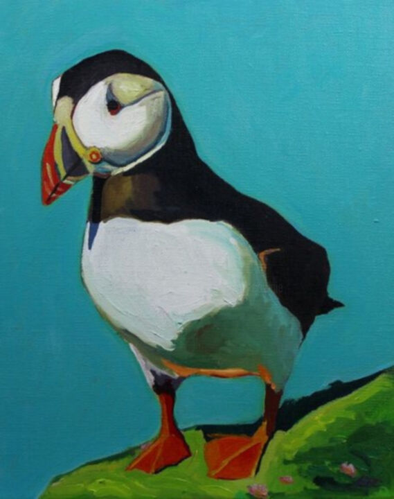 Painting titled "Mr Puffin" by Emma Cownie, Original Artwork, Oil