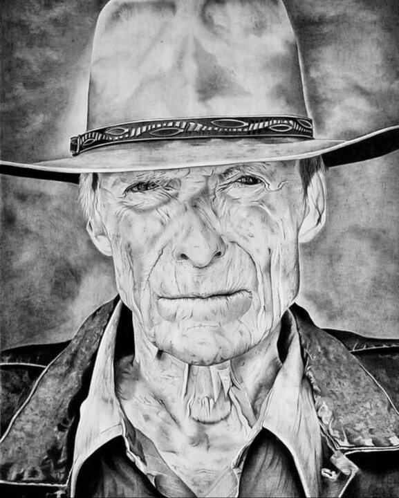 Рисунок под названием "Clint Eastwood Art" - Emma Mallaroni, Подлинное произведение искусства, Графит