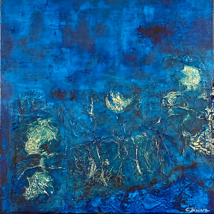 「In the blue」というタイトルの絵画 Emmanuelle Biscaraによって, オリジナルのアートワーク, アクリル ウッドストレッチャーフレームにマウント