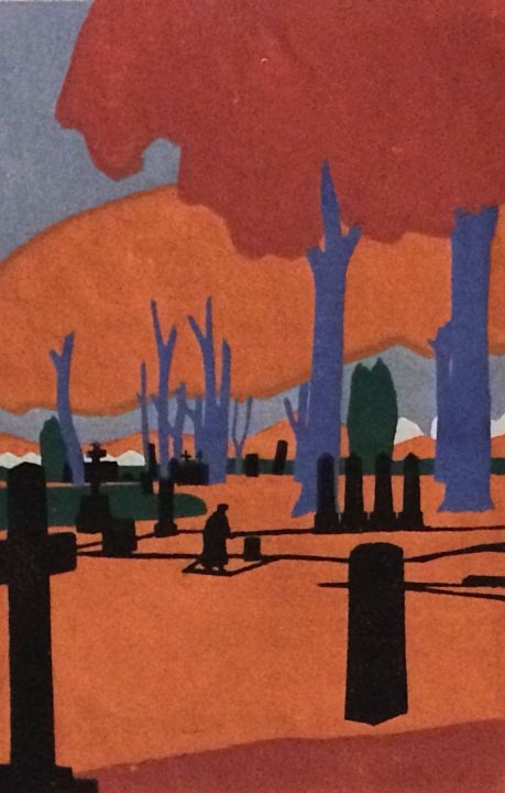 Estampas & grabados titulada "Man in Cemetery" por Emma Kelly, Obra de arte original, Linograbados