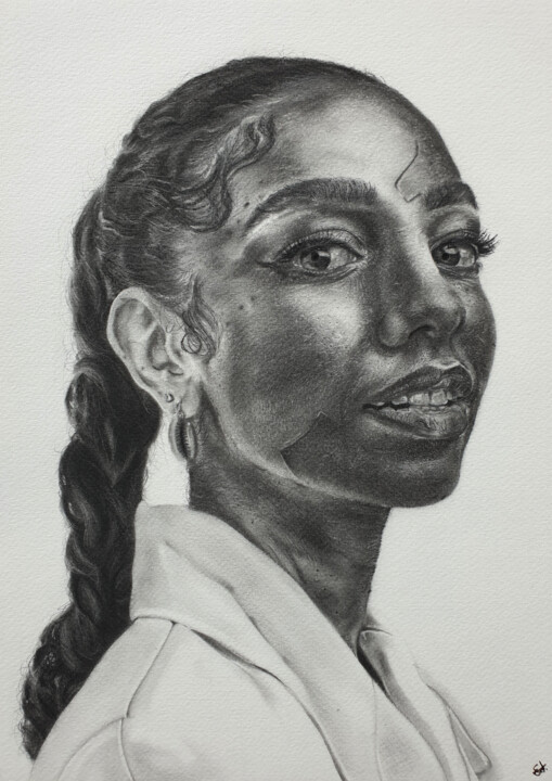 Peinture intitulée "Corinne Foxx" par Emmanuel Chukwuemeka Ndulue, Œuvre d'art originale, Fusain