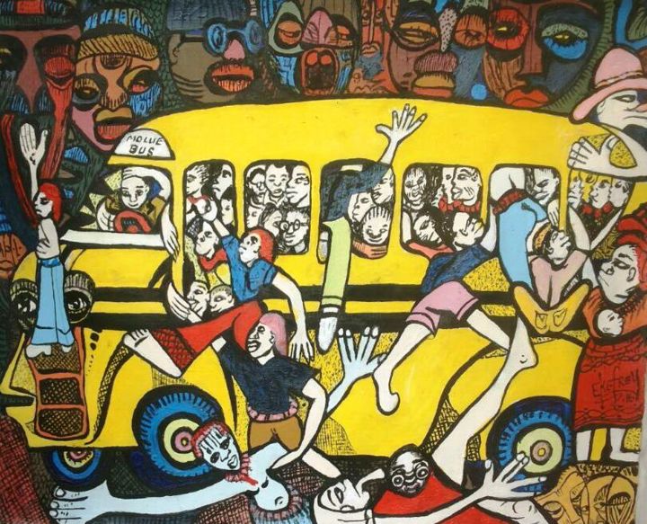 Painting titled "Molue Bus" by Emmanuel Ekefrey, Original Artwork, Acrylic