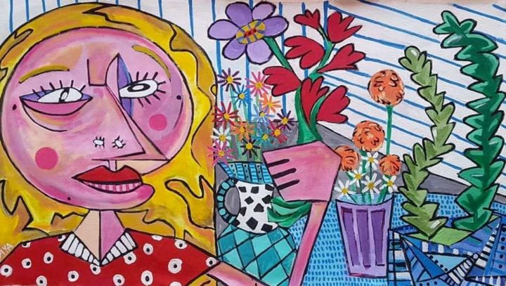 Pintura titulada "Mujer con flores" por Raya, Obra de arte original, Acrílico