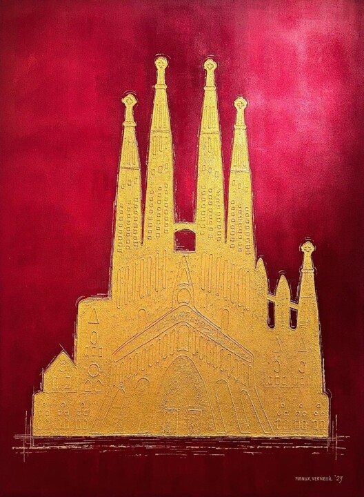 Painting titled "Hommage à Gaudi" by Emmanuel Xavier Verneuil, Original Artwork, Acrylic Mounted on Wood Stretcher frame