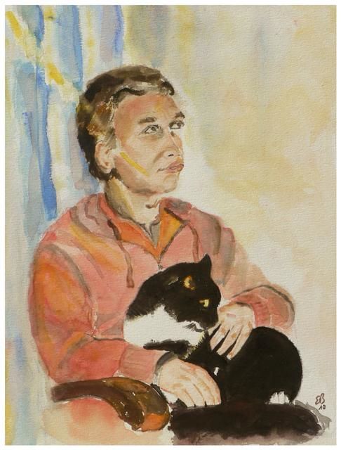 Malerei mit dem Titel "L'enfant au chat" von Emmanuel Bochet, Original-Kunstwerk, Öl