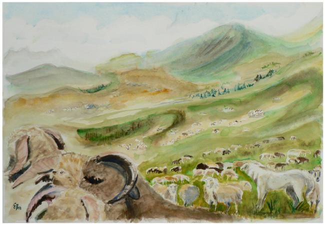 Peinture intitulée "Chèvres et moutons…" par Emmanuel Bochet, Œuvre d'art originale, Autre
