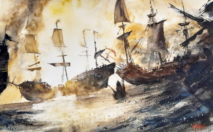 Pittura intitolato "Série Voiliers - La…" da Manu - Emmanuele Cammarano, Opera d'arte originale, Acquarello
