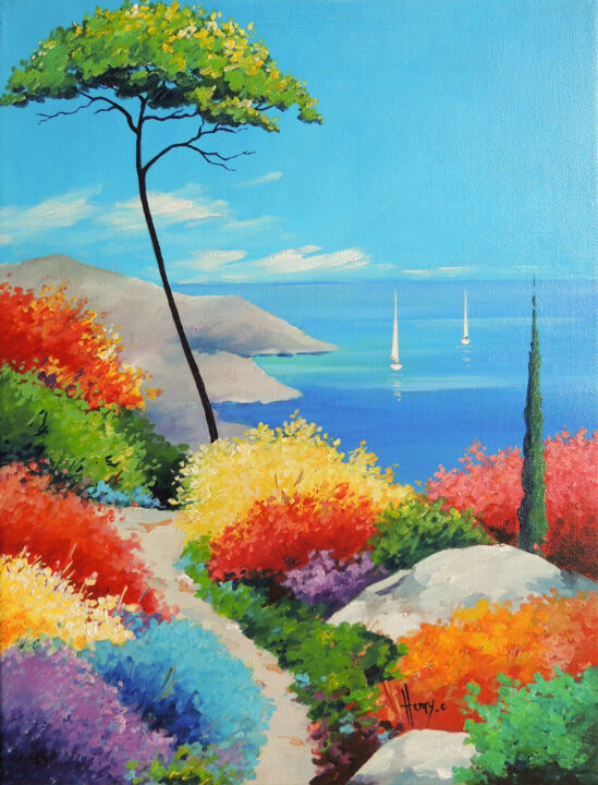 Painting titled "Série Les Calanques…" by Emmanuel Henry, Original Artwork, Oil Mounted on Wood Stretcher frame