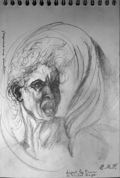 Drawing titled "La Furie" by Emmanuelle Menny Fleuridas, Original Artwork, Pencil