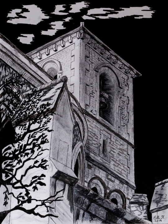 Desenho intitulada "the bell tower" por Emmanuelle Menny Fleuridas, Obras de arte originais, Grafite