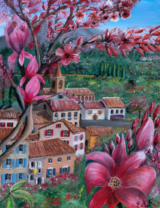 Peinture intitulée "Un village fleuri" par Emmanuelle Menny Fleuridas, Œuvre d'art originale, Huile