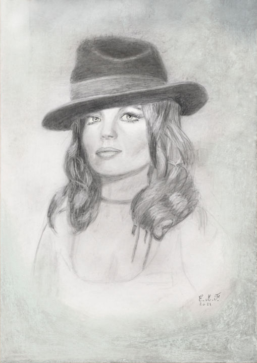 Zeichnungen mit dem Titel "young woman with hat" von Emmanuelle Menny Fleuridas, Original-Kunstwerk, Graphit