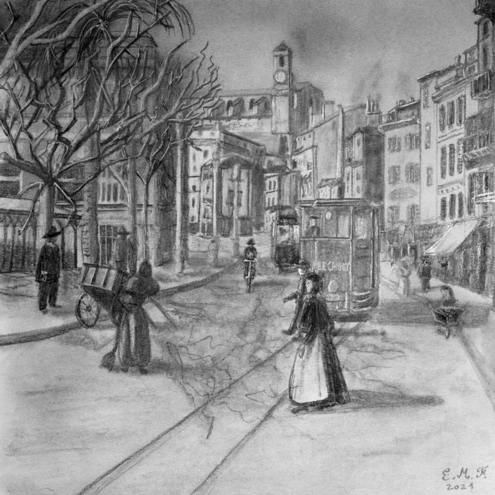 Dessin intitulée "Cannes au 19ème siè…" par Emmanuelle Menny Fleuridas, Œuvre d'art originale, Graphite