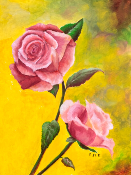 Painting titled "Deux roses" by Emmanuelle Menny Fleuridas, Original Artwork, Oil Mounted on Cardboard