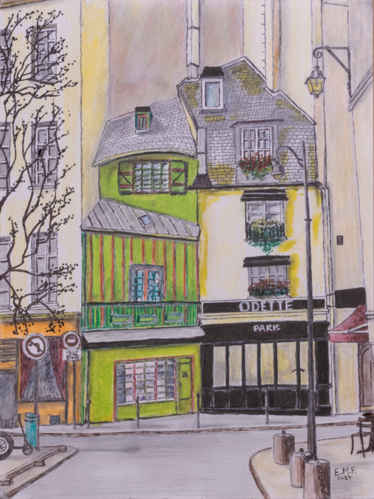 Drawing titled "77 rue Galande 75005" by Emmanuelle Menny Fleuridas, Original Artwork, Graphite Mounted on Cardboard