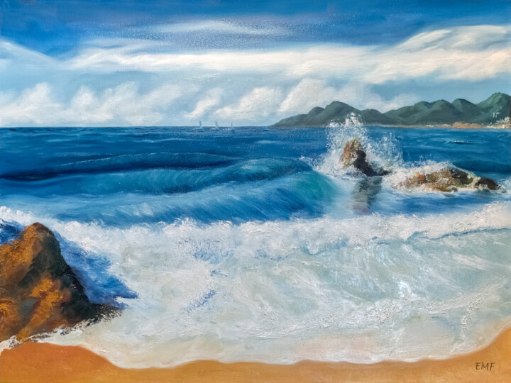 Painting titled "La plage des rocher…" by Emmanuelle Menny Fleuridas, Original Artwork, Oil Mounted on Wood Stretcher frame